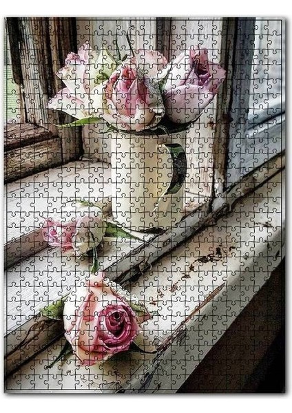 Eski Pencere Kenarında Pembe Güller 500 Parça Puzzle Yapboz Mdf (Ahşap)