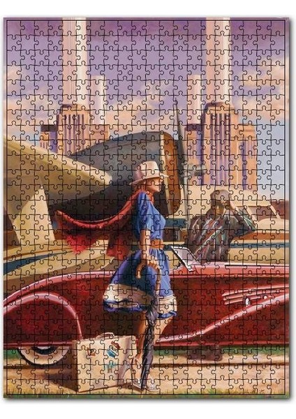 Eski Uçak Araba ve Mavi Elbiseli Kadın 1000 Parça Puzzle Yapboz Mdf (Ahşap)
