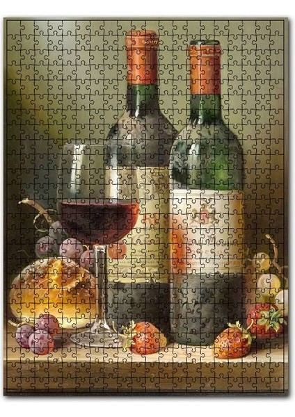 Iki Şişe Yıllanmış Şarap, Kadeh, Ekmek ve Meyveler 120 Parça Puzzle Yapboz Mdf (Ahşap)
