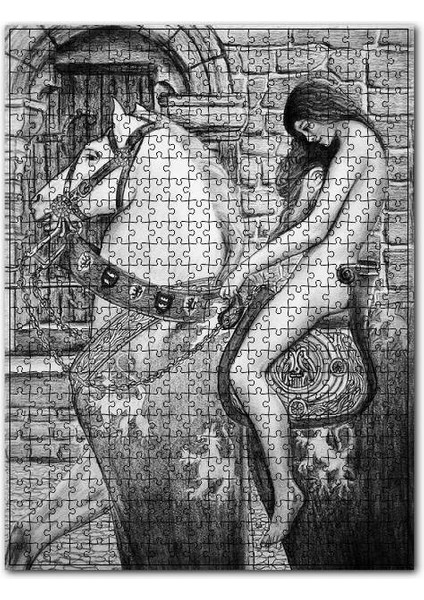 Lady Godiva Çıplak Karakalem 120 Parça Puzzle Yapboz Mdf (Ahşap)