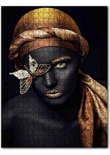 Siyahi Kadın, Altın Eşarp, Makyaj ve Altın Kelebek 120 Parça Puzzle Yapboz Mdf (Ahşap)