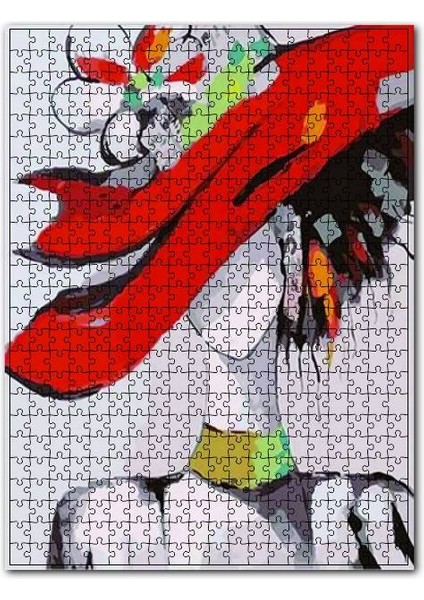 Kırmızı Şapkalı Kadının Sulu Boya Çizgisi Görseli 255 Parça Puzzle Yapboz Mdf (Ahşap)