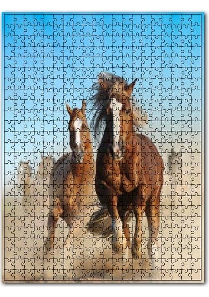 Tozlu Zeminde Koşan Kahve Rengi Atlar Görseli 120 Parça Puzzle Yapboz Mdf (Ahşap)