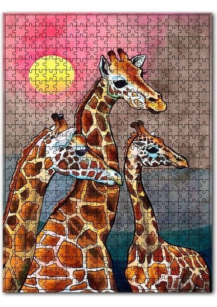 Zürafalar ve Turuncu Renkli Güneş 255 Parça Puzzle Yapboz Mdf (Ahşap)
