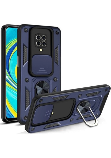 Xiaomi Redmi Note 9 Pro/9s Kılıf Kamera Korumalı Sürgülü Vega Yüzüklü Armor Military Tank Zırh Lacivert