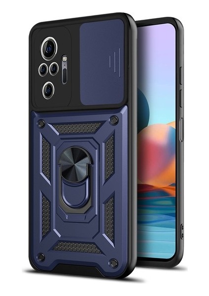 Xiaomi Redmi Note 10 Pro Kılıf Kamera Korumalı Sürgülü Vega Yüzüklü Armor Military Tank Zırh Lacivert
