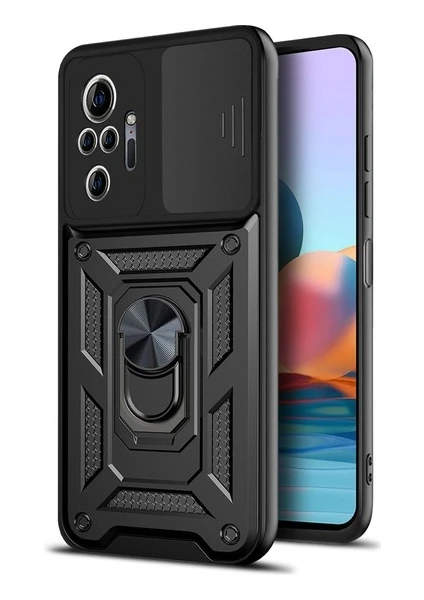 Case 4U Xiaomi Redmi Note 10 Pro Kılıf Kamera Korumalı Sürgülü Vega Yüzüklü Armor Military Tank Zırh Siyah