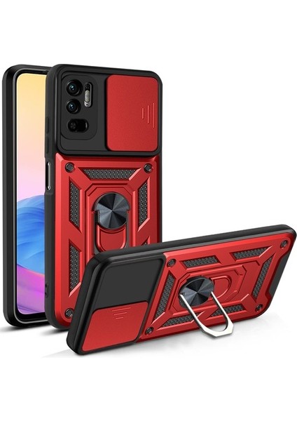 Xiaomi Redmi Note 10 5g Kılıf Kamera Korumalı Sürgülü Vega Yüzüklü Armor Military Tank Zırh Kırmızı