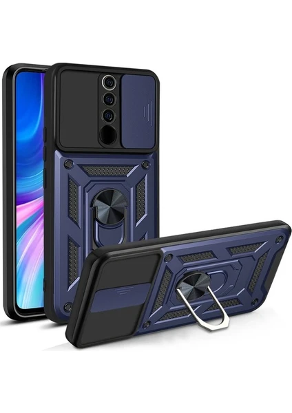 Case 4U Xiaomi Redmi Note 8 Pro Kılıf Kamera Korumalı Sürgülü Vega Yüzüklü Armor Military Tank Zırh Lacivert