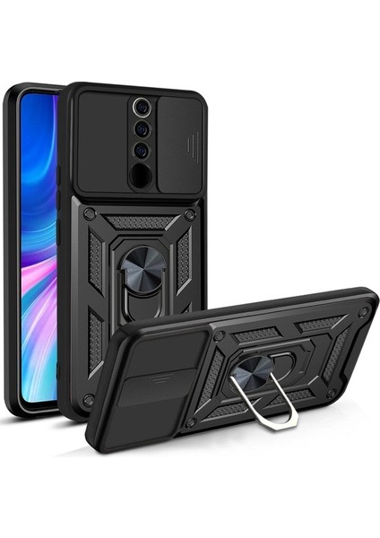 Xiaomi Redmi Note 8 Pro Kılıf Kamera Korumalı Sürgülü Vega Yüzüklü Armor Military Tank Zırh Siyah