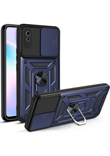 Xiaomi Redmi 9A Kılıf Kamera Korumalı Sürgülü Vega Yüzüklü Armor Military Tank Zırh Lacivert