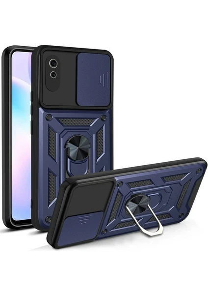 Case 4U Xiaomi Redmi 9A Kılıf Kamera Korumalı Sürgülü Vega Yüzüklü Armor Military Tank Zırh Lacivert