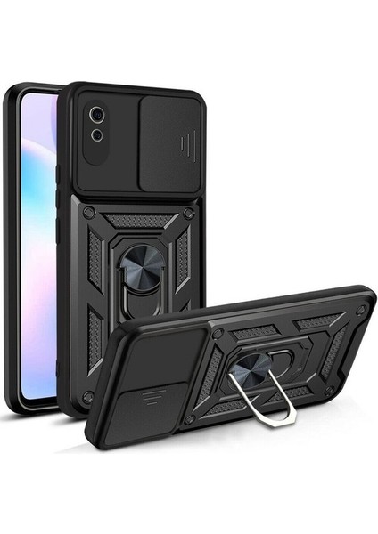 Xiaomi Redmi 9A Kılıf Kamera Korumalı Sürgülü Vega Yüzüklü Armor Military Tank Zırh Siyah