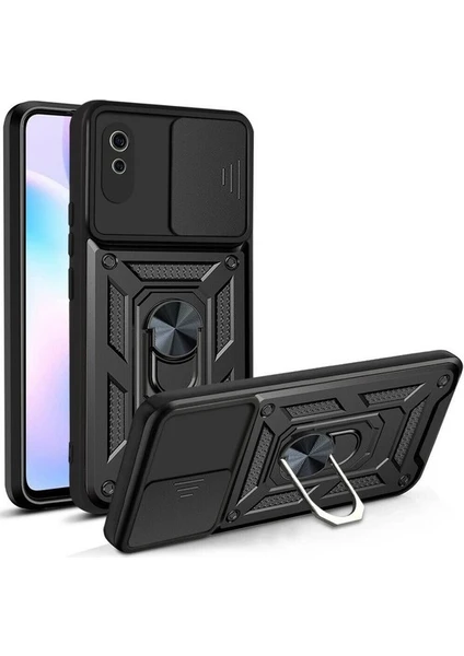 Case 4U Xiaomi Redmi 9A Kılıf Kamera Korumalı Sürgülü Vega Yüzüklü Armor Military Tank Zırh Siyah