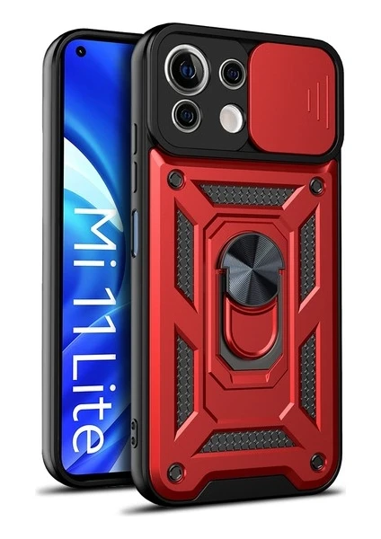 Case 4U Xiaomi Mi 11 Lite Kılıf Kamera Korumalı Sürgülü Vega Yüzüklü Armor Military Tank Zırh Kırmızı