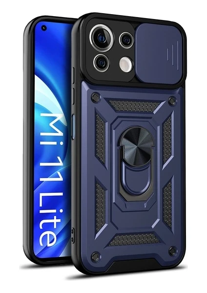 Case 4U Xiaomi Mi 11 Lite Kılıf Kamera Korumalı Sürgülü Vega Yüzüklü Armor Military Tank Zırh Lacivert