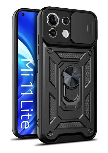 Case 4U Xiaomi Mi 11 Lite Kılıf Kamera Korumalı Sürgülü Vega Yüzüklü Armor Military Tank Zırh Siyah