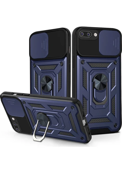 Case 4U Apple iPhone 7 Plus / 8 Plus Kılıf Kamera Korumalı Sürgülü Vega Yüzüklü Armor Military Tank Zırh Lacivert