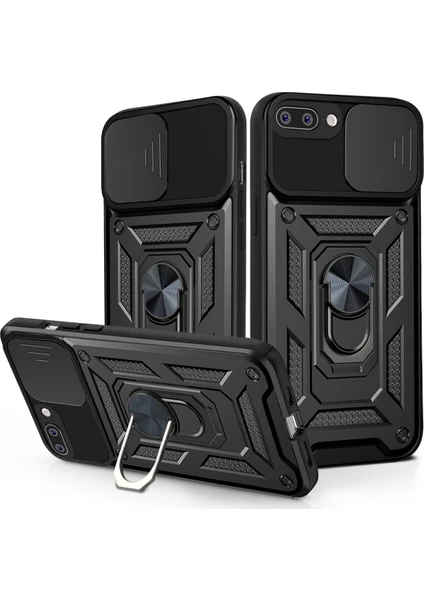 Case 4U Apple iPhone SE 2022 / SE 2020 / iPhone 8 / iPhone 7 Kılıf Kamera Korumalı Sürgülü Vega Yüzüklü Armor Military Tank Zırh Siyah