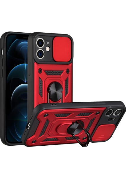 Apple iPhone 11 Kılıf Kamera Korumalı Sürgülü Vega Yüzüklü Armor Military Tank Zırh Kırmızı