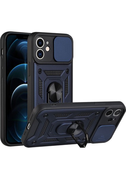 Apple iPhone 11 Kılıf Kamera Korumalı Sürgülü Vega Yüzüklü Armor Military Tank Zırh Lacivert
