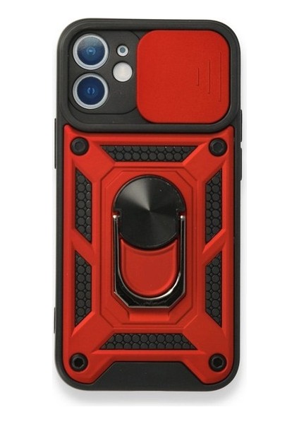 Apple iPhone 12 Kılıf Kamera Korumalı Sürgülü Vega Yüzüklü Armor Military Tank Zırh Kırmızı