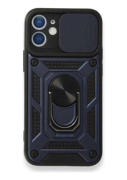 Apple iPhone 12 Kılıf Kamera Korumalı Sürgülü Vega Yüzüklü Armor Military Tank Zırh Lacivert