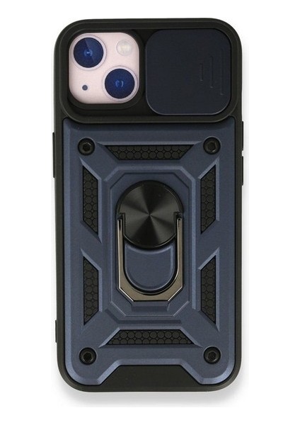 Apple iPhone 13 Kılıf Kamera Korumalı Sürgülü Vega Yüzüklü Armor Military Tank Zırh Lacivert