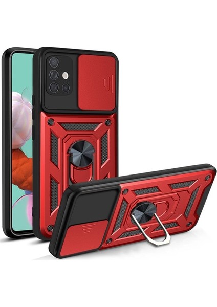 Oppo A74 Kılıf Kamera Korumalı Sürgülü Vega Yüzüklü Armor Military Tank Zırh Kırmızı