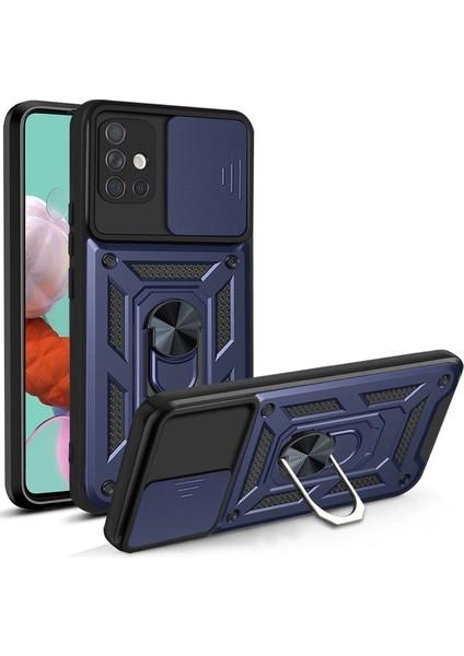 Oppo A74 Kılıf Kamera Korumalı Sürgülü Vega Yüzüklü Armor Military Tank Zırh Lacivert
