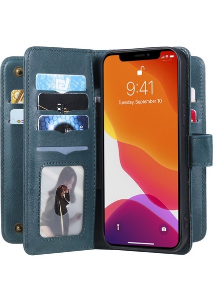 Apple iPhone 13 Pro Max Için Standlı Kartlıklı Düşmeye Dayanıklı Cüzdan Tasarımlı Telefon Kılıfı - Koyu Yeşil (Yurt Dışından)