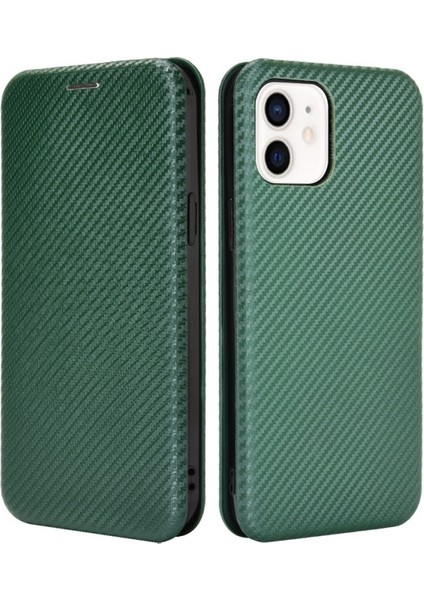 Apple iPhone 13 Mini Için Halka Kayışlı Fiber Karbon Manyetik Deri Kılıf - Yeşil (Yurt Dışından)