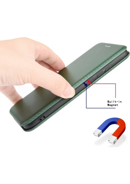 Apple iPhone 13 Mini Için Halka Kayışlı Fiber Karbon Manyetik Deri Kılıf - Yeşil (Yurt Dışından)
