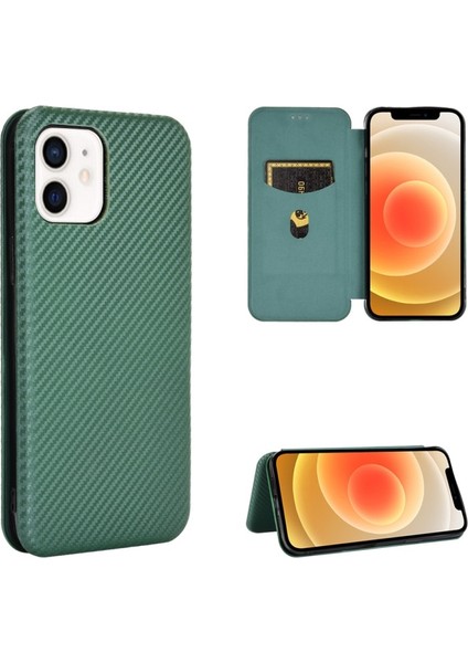 Apple iPhone 13 Mini Için Halka Kayışlı Fiber Karbon Manyetik Deri Kılıf - Yeşil (Yurt Dışından)
