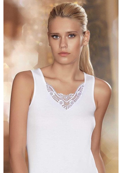 MB011 Kadın Beyaz Ribana Motif Detaylı Atlet