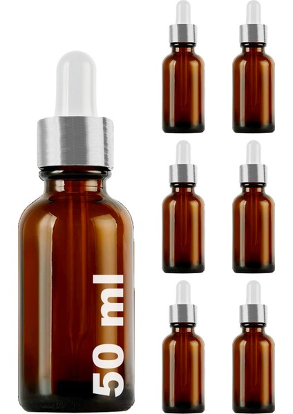 50 cc Amber Damlalık Metal Gümüş Sızdırmaz Kapaklı 50 ml Dropper Cam Serum Şişesi 6 Adet