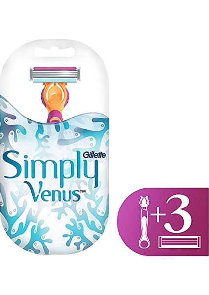 Gillette Simply Venus 3 Tıraş Makinesi + Yedek Tıraş Bıçağı 3'lü Tıraş Bıçağı