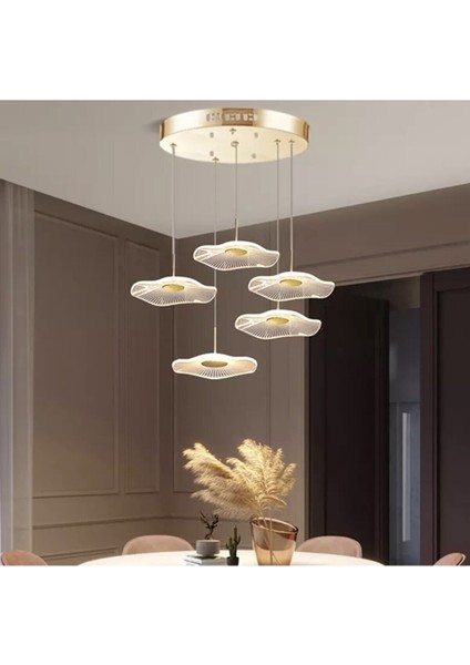 Luxury Exclusive Beşli Yuvarlak Sarkıt LED Avize Jellyfish Gold Sarı Ledli Avize