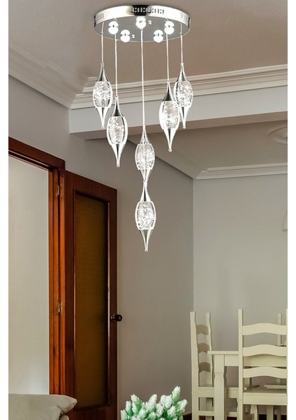 Modern Luxury Kristal 6'lı Kristal LED Avize Krom Ledli Avize BURENZE952