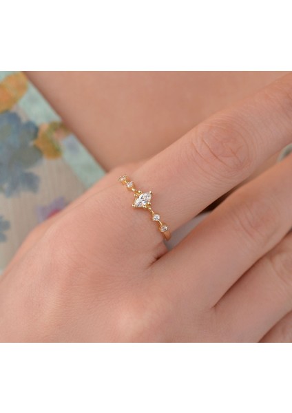 Markiz Kesim Zirkon Yüzük, Altın Zarif Kadın Yüzüğü, 14 Ayar Altın Yüzük