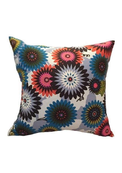 Geometrik Çiçek Baskılı Duck Pamuk Kumaş Krem Kırlent 45*45 cm - 796
