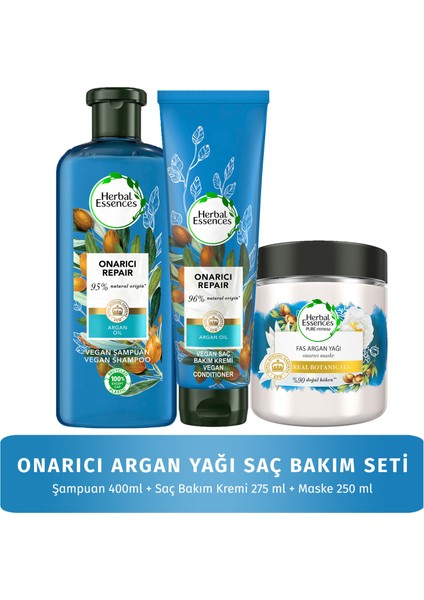 Herbal Essences Vegan Şampuan Onarıcı Argan Yağı 400 ml + Saç Kremi 275 ml + Saç Maskesi 250 ml