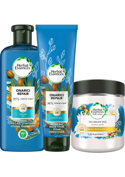 Herbal Essences Vegan Şampuan Onarıcı Argan Yağı 400 ml + Saç Kremi 275 ml + Saç Maskesi 250 ml