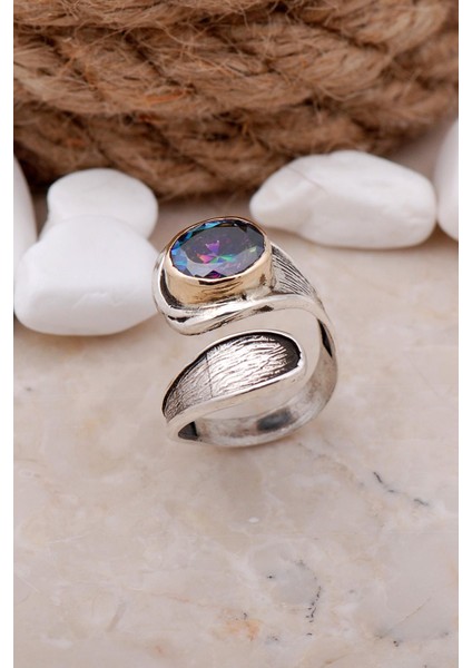 Mistik Topaz Taşlı Damla Elişi Gümüş Yüzük 3315