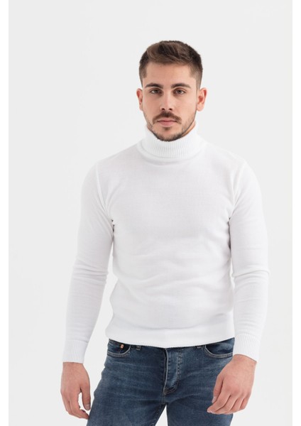 Slimfit Kesin Düz Desen Tam Balıkçı Triko Kazak-Beyaz