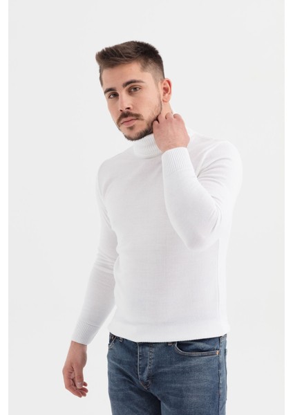 Slimfit Kesin Düz Desen Tam Balıkçı Triko Kazak-Beyaz fiyatları
