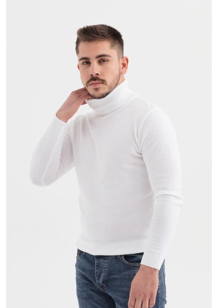 Slimfit Kesin Düz Desen Tam Balıkçı Triko Kazak-Beyaz modelleri