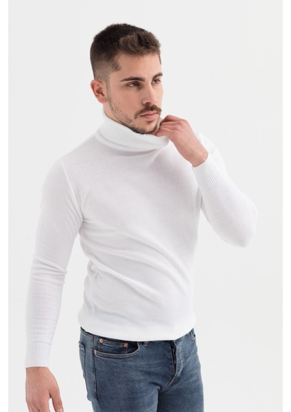 Slimfit Kesin Düz Desen Tam Balıkçı Triko Kazak-Beyaz indirimleri