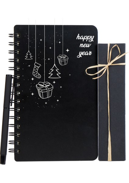 Yeni Yıla Özel Mutlu Yıllar Tasarımlı Ahşap Kapaklı Defter-Kalem Seti