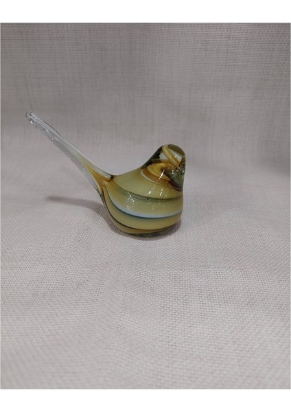 Romanya El Yapımı Cam Kuş Çizgili Sarı Yatay 13 cm Yükseklik 8 cm